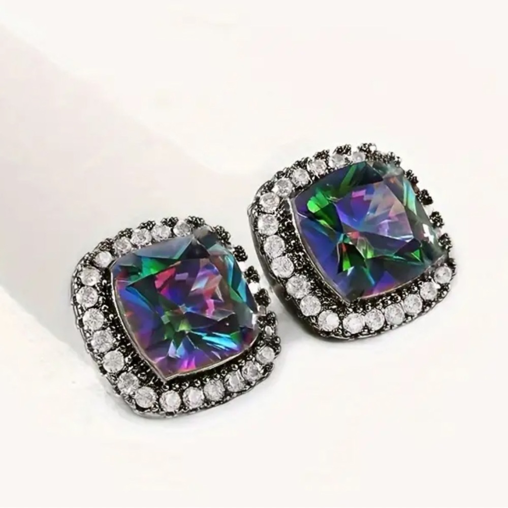 Elegant Square Simulated Rainbow, Mystic Topaz Cubic Zirconia Stud Earrings